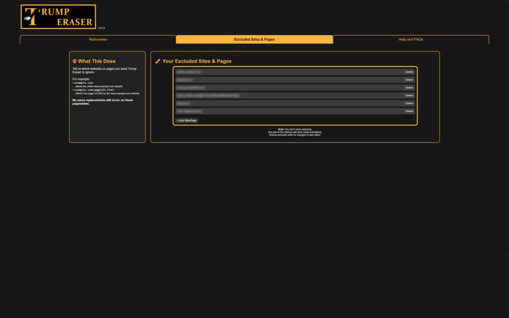Trump Eraser Browser Extension
Options Page, Site & Page Exclusion Tab