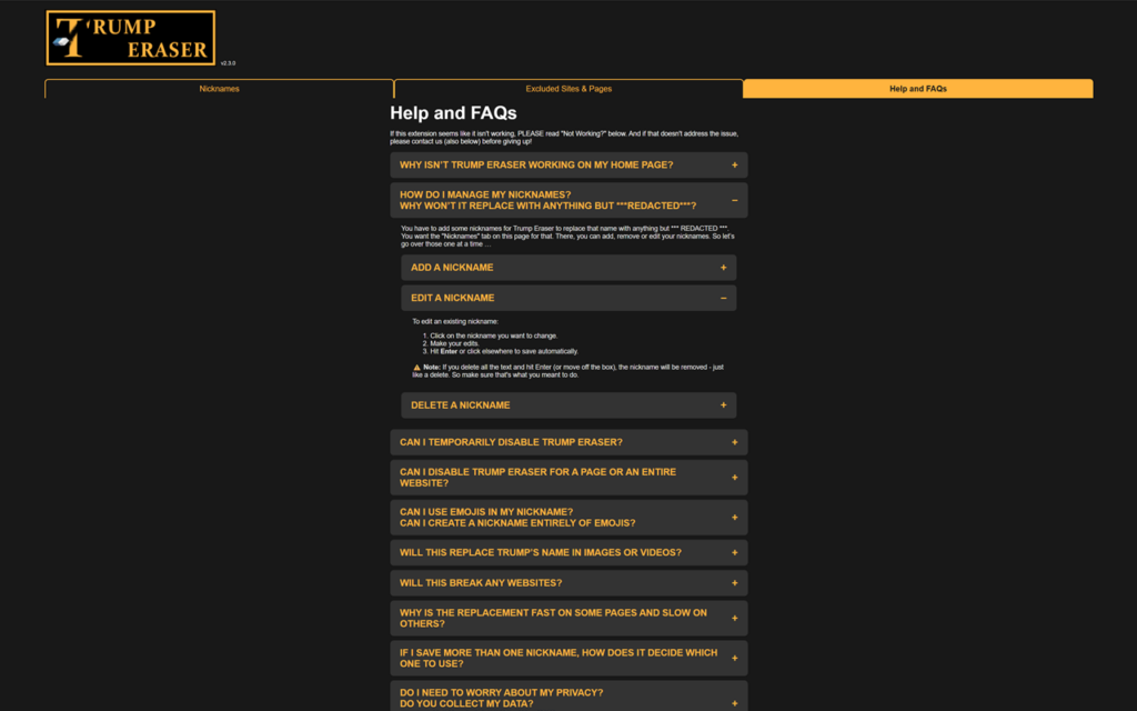 Trump Eraser Browser Extension
Options Page, Help & FAQ Tab